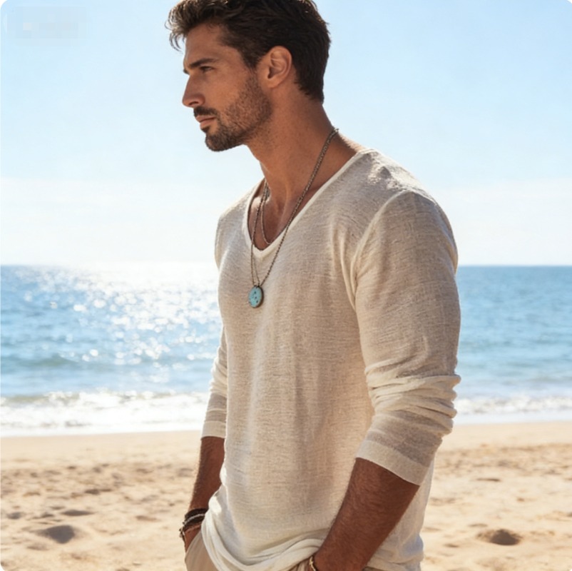 Men's Casual V-Neck Linen Blen - đánh giá và giá Linen Shirt Breathable